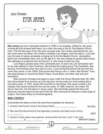 Fourth grade worksheet featuring jazz singer Etta James with math problems on exponents and roots