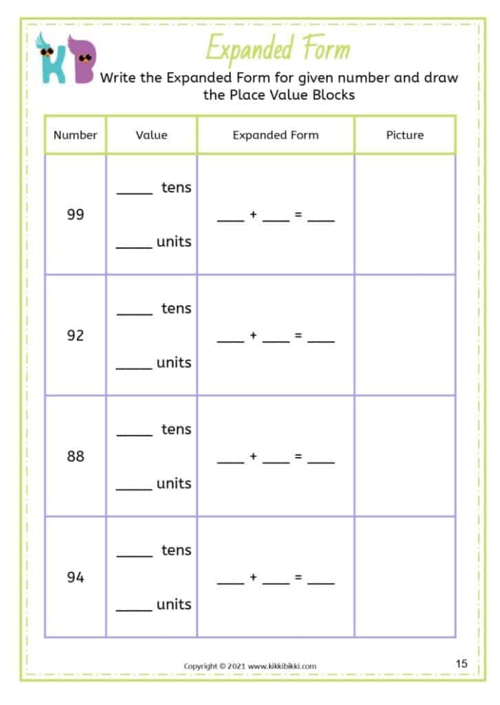 Expanded Form Practice worksheet for Fifth Grade