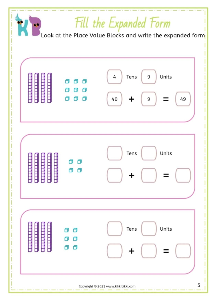Expanded Form Practice worksheet for Fifth Grade