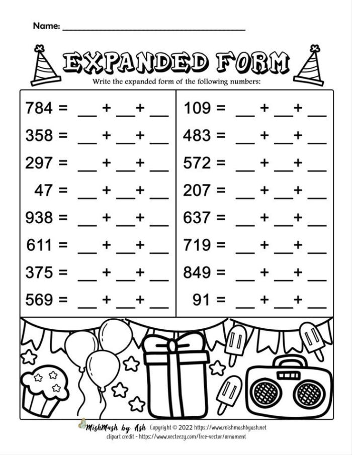 Expanded Form Practice worksheet for Fifth Grade