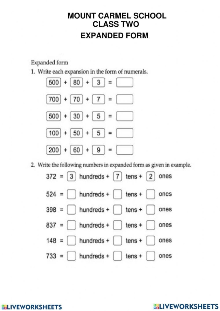 Expanded Form Practice worksheet for Fifth Grade