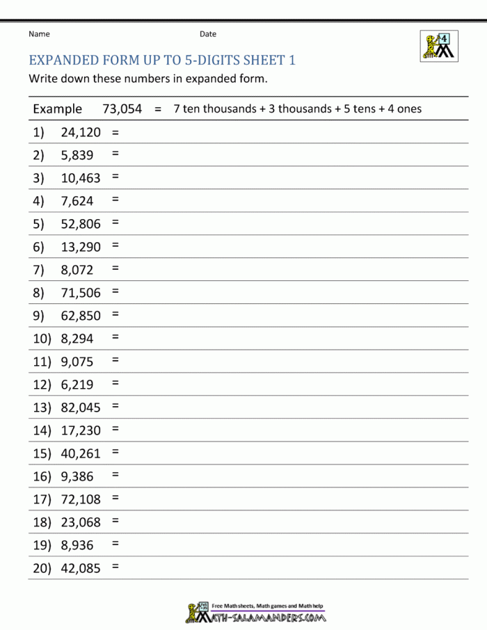 Expanded Form Practice worksheet for Fifth Grade