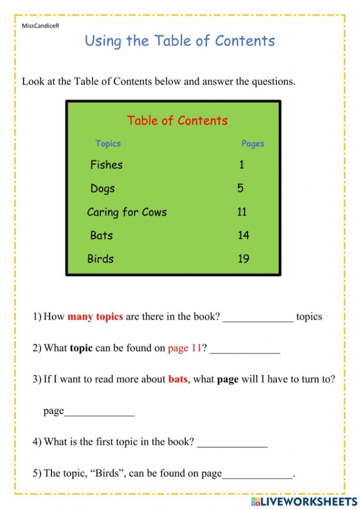 Alphabet worksheet for First Grade Interactive worksheet showcasing a sample table of contents with comprehension questions for first graders. Exploring a Table of Contents worksheet designed to aid young learners in understanding organization in texts.