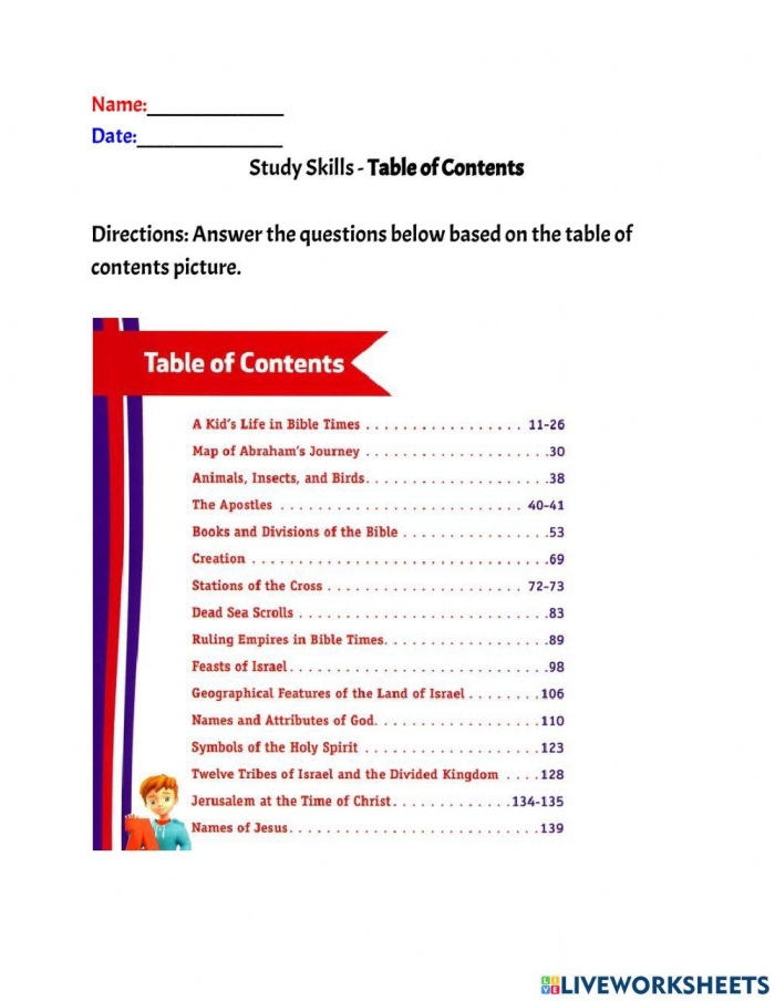 Alphabet worksheet for First Grade A first-grade worksheet featuring a sample table of contents and comprehension questions for students. Exploring a Table of Contents worksheet for young learners to enhance reading skills.