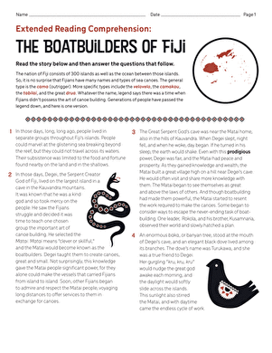 Worksheet for Extended Reading Comprehension focused on the Boatbuilders of Fiji for seventh graders