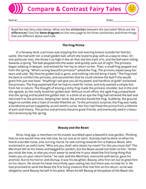 Worksheet for comparing and contrasting popular fairy tales in fourth grade writing class, image four Fourth grade students filling out a compare and contrast worksheet featuring two well-known fairy tales using a Venn diagram