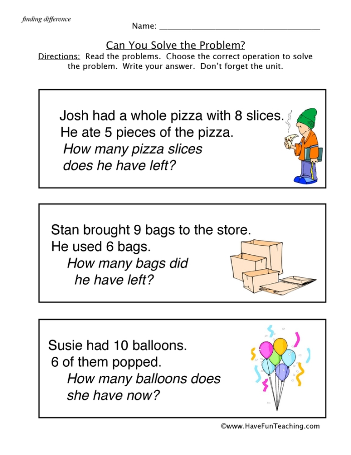 First Grade Word Problem Challenge worksheet featuring farm-themed two-digit addition and subtraction