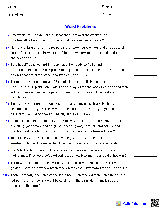 First Grade Word Problem Challenge worksheet featuring two-digit addition and subtraction with a farm theme