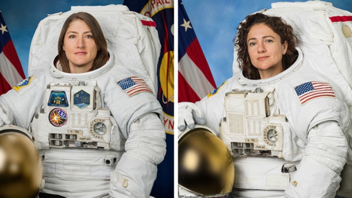 The first all-women spacewalk captured in an educational worksheet for second graders Two female astronauts working outside the International Space Station during the first all-female spacewalk