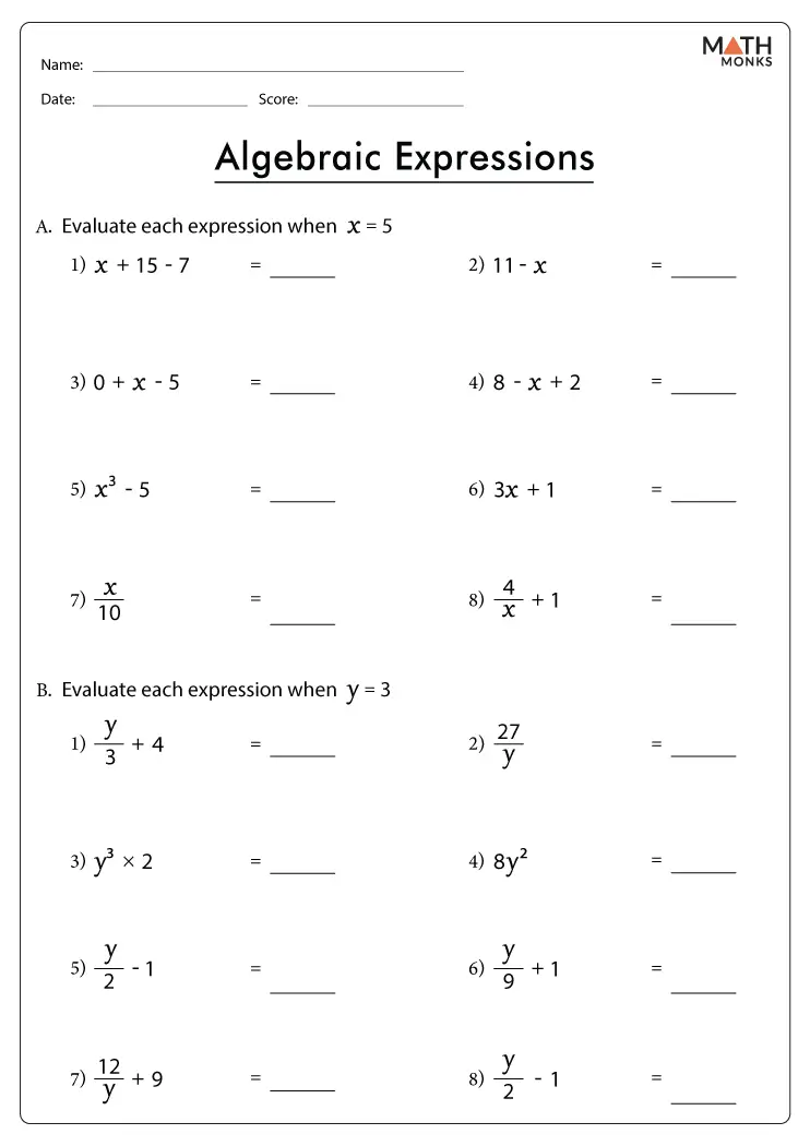 Fifth grade student working on an algebraic expressions worksheet focused on division problems