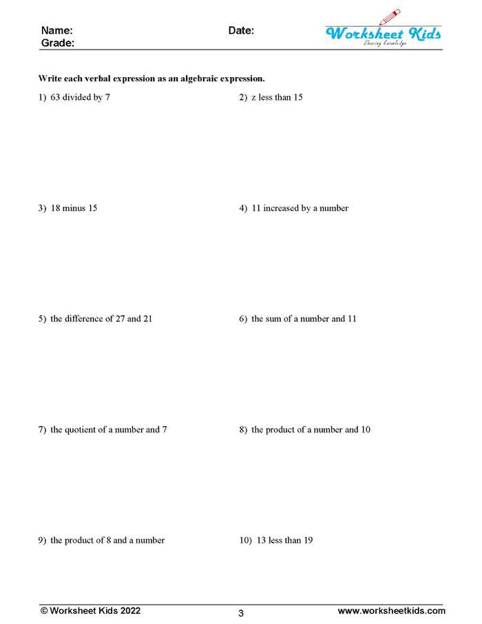 Fifth grade student working on an algebraic expressions worksheet focused on division problems