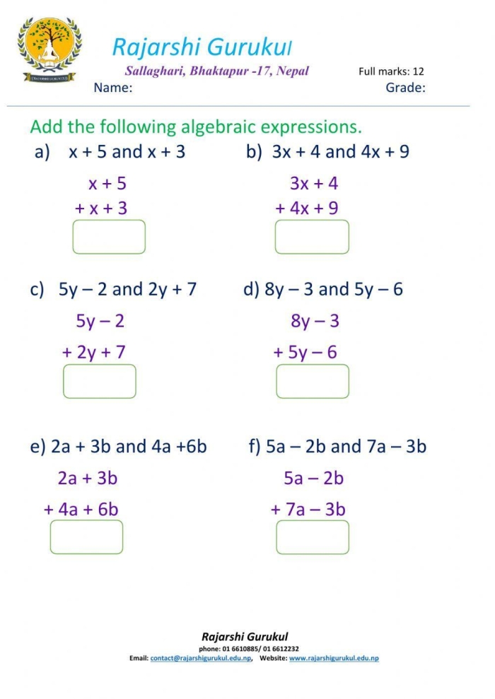 Fifth grade student practicing division problems on an algebraic expressions worksheet