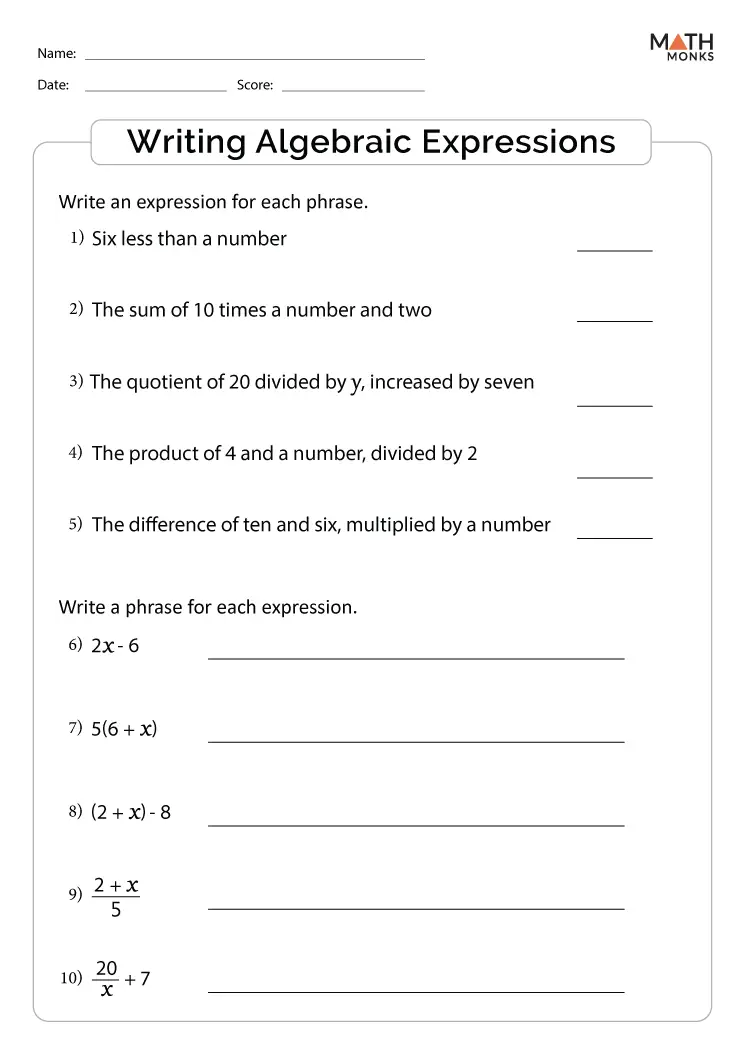 Fifth grade student working on a division-focused algebraic expressions worksheet