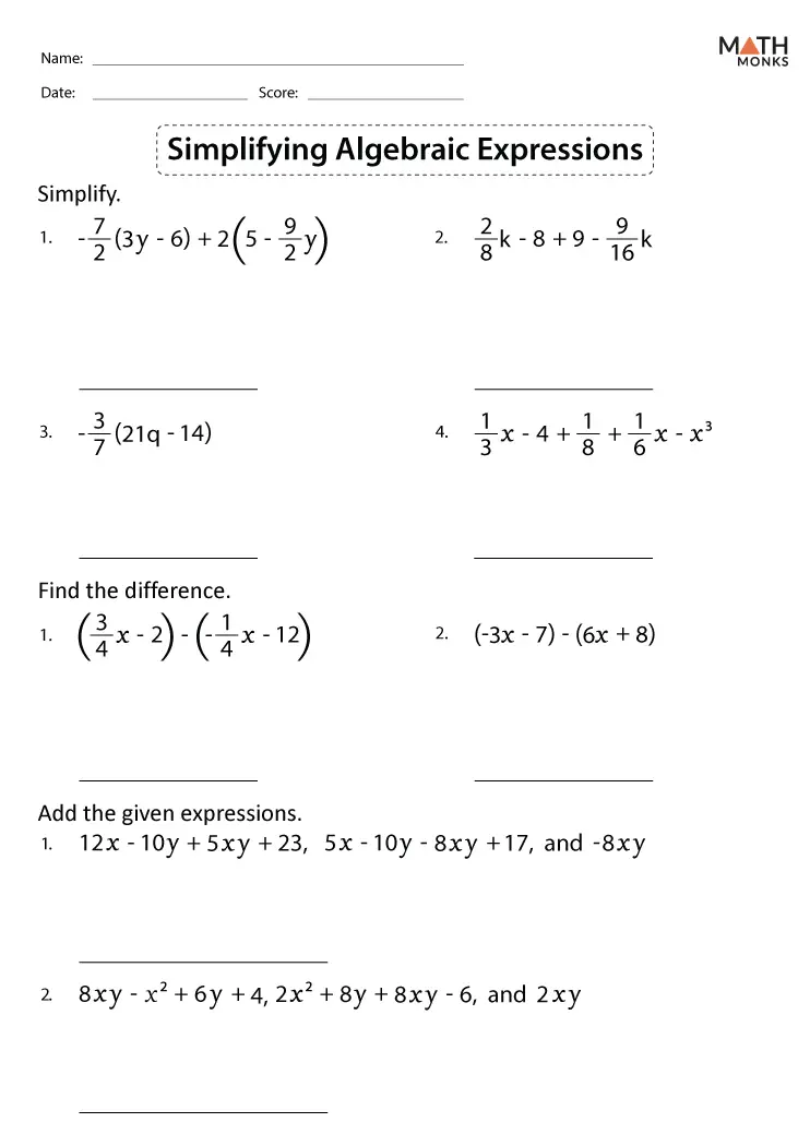 Fifth grade student working on an Algebraic Expressions worksheet focused on division problems