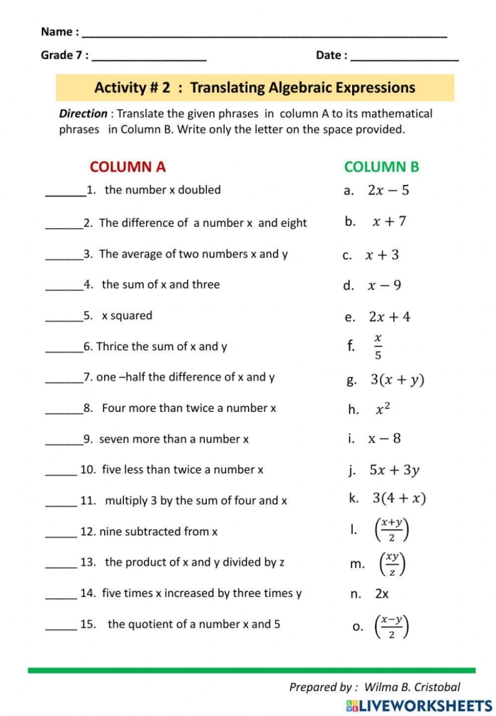 Fifth grade student working on division problems in an Algebraic Expressions worksheet