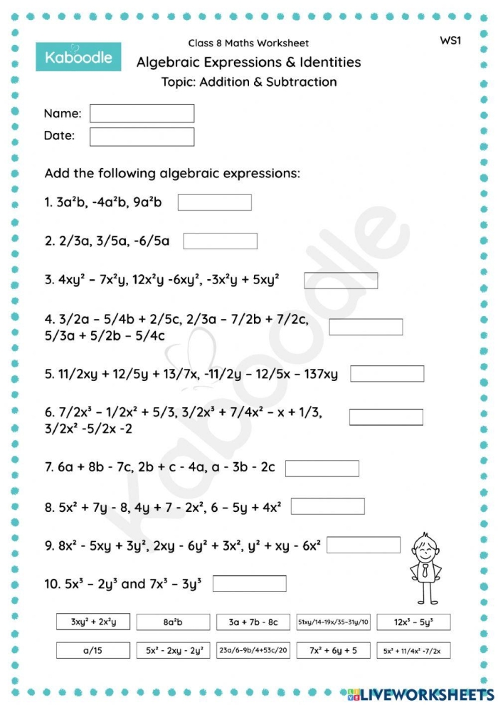 Fifth grade student working on a division-related algebraic expressions worksheet