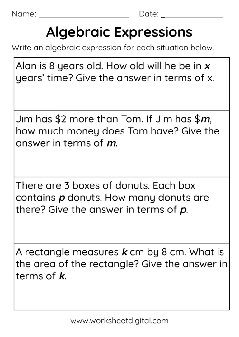 Fifth grade student practicing division problems on an algebraic expressions worksheet