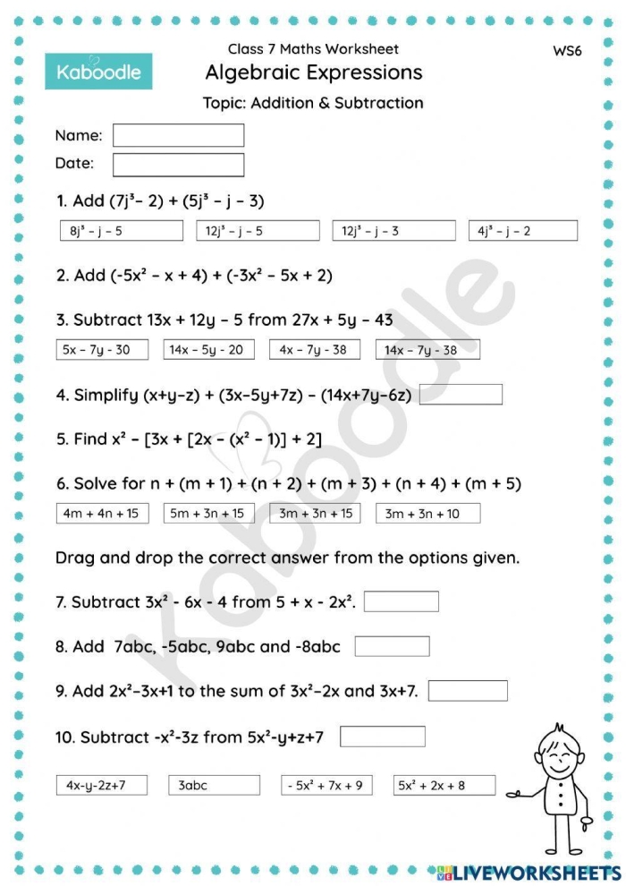 Fifth grade student working on division problems in an algebraic expressions worksheet
