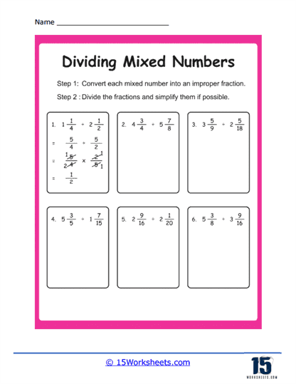 Fifth grade math worksheet showing an area model to multiply mixed numbers