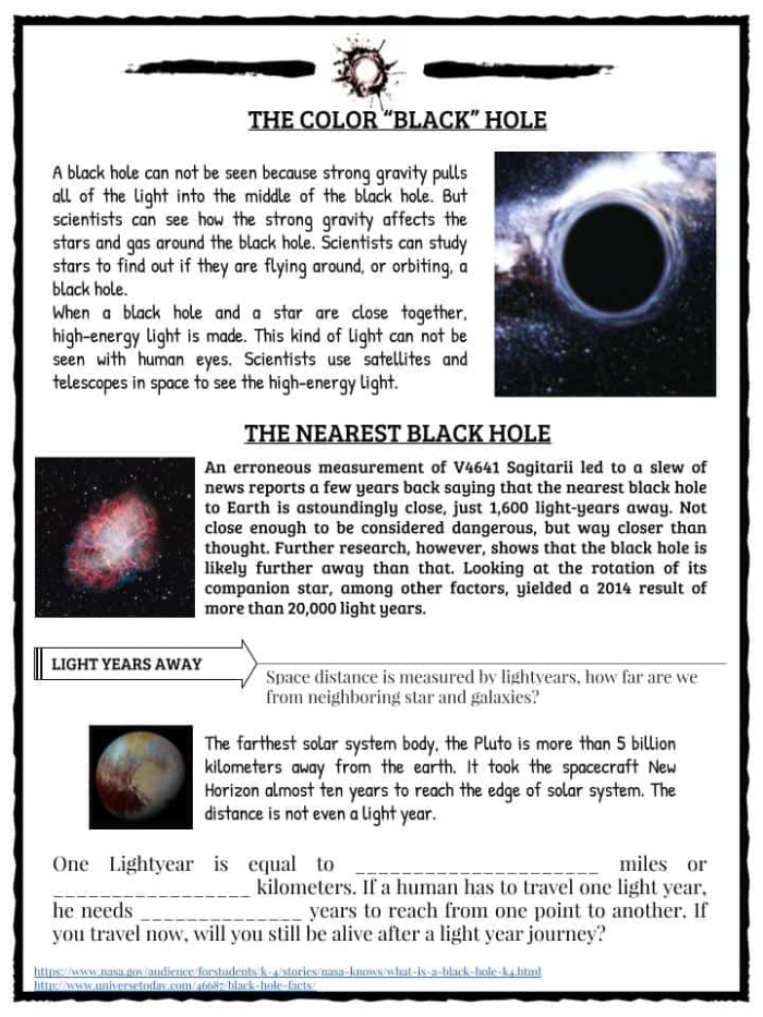 A fifth grade student working through a multiplication worksheet about black holes and space science