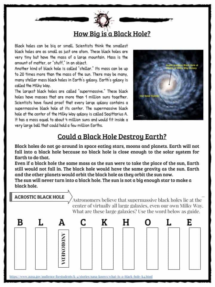 Fifth grade multiplication worksheet featuring black holes and space science concepts for students learning about the universe