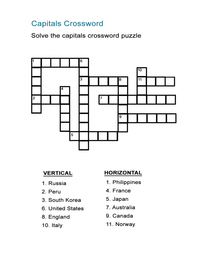 Crossword puzzle featuring state capitals for fifth graders to solve