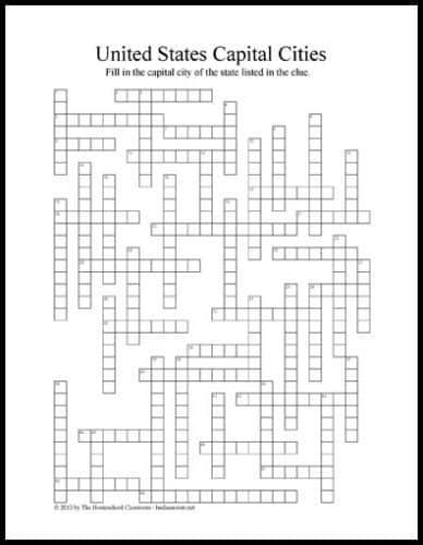Crossword puzzle featuring state capitals for fifth graders to solve