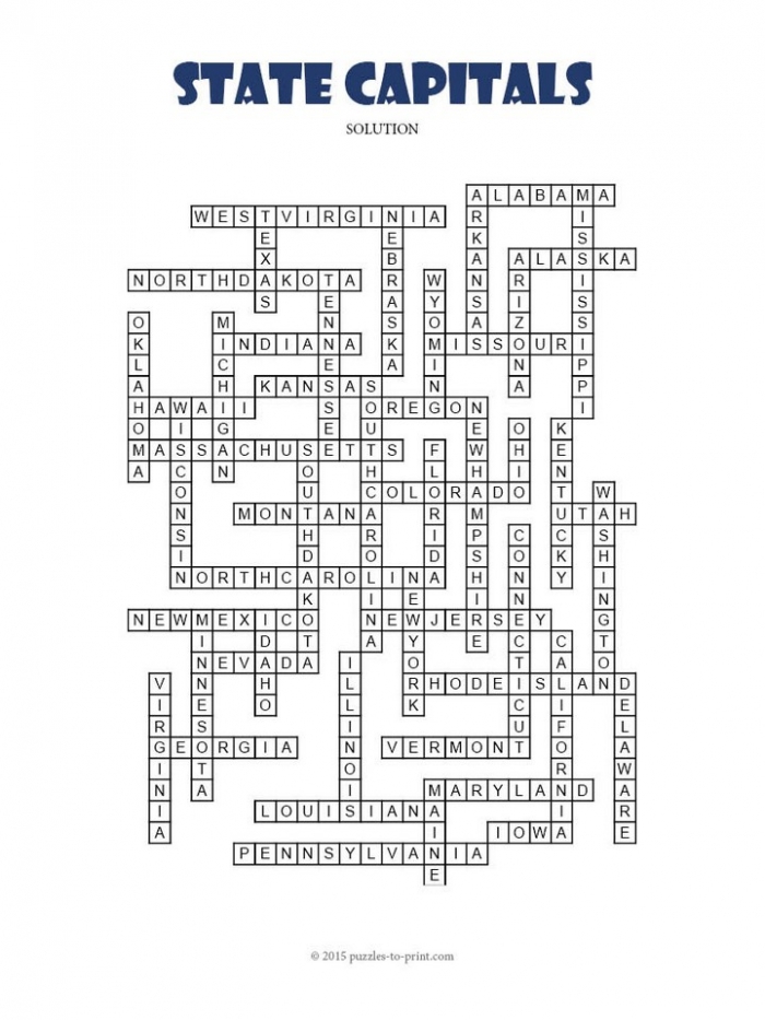 Crossword puzzle featuring state capitals, designed for fifth graders studying geometry