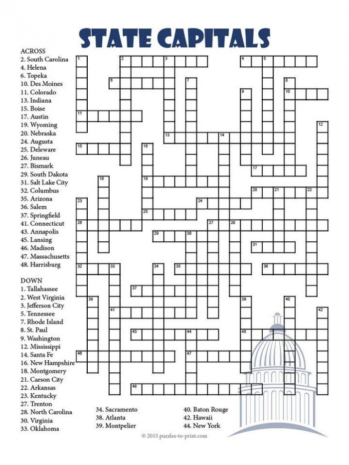 Crossword puzzle featuring US state capitals for fifth graders' geometry lesson