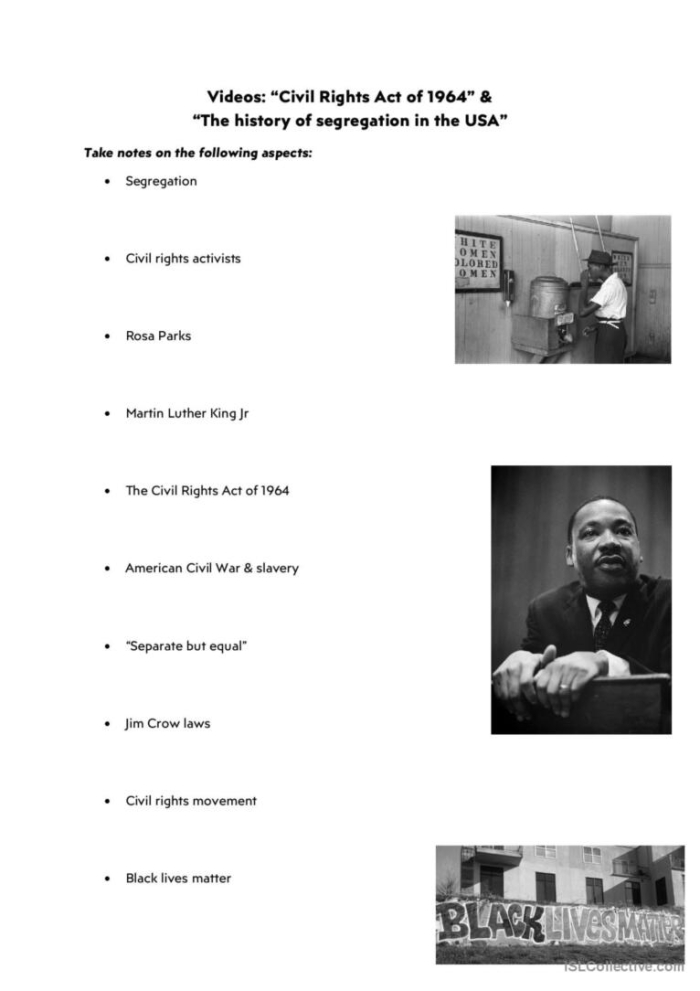 Worksheet focusing on the later years of the Civil Rights Movement for fifth graders