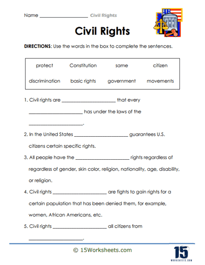 Illustration of a fifth-grade worksheet on the later years of the Civil Rights Movement for students. Civil Rights Movement: The Later Years worksheet for reading comprehension.