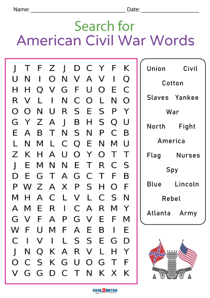 Fifth Grade Civil War Generals Word Search Activity Sheet number 5 Civil War Word Search worksheet featuring key generals for fifth graders