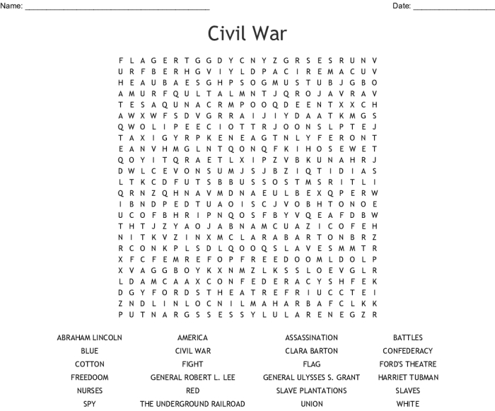 Civil War generals word search activity for middle school students 25 Fifth grade Civil War Word Search worksheet featuring generals from the war