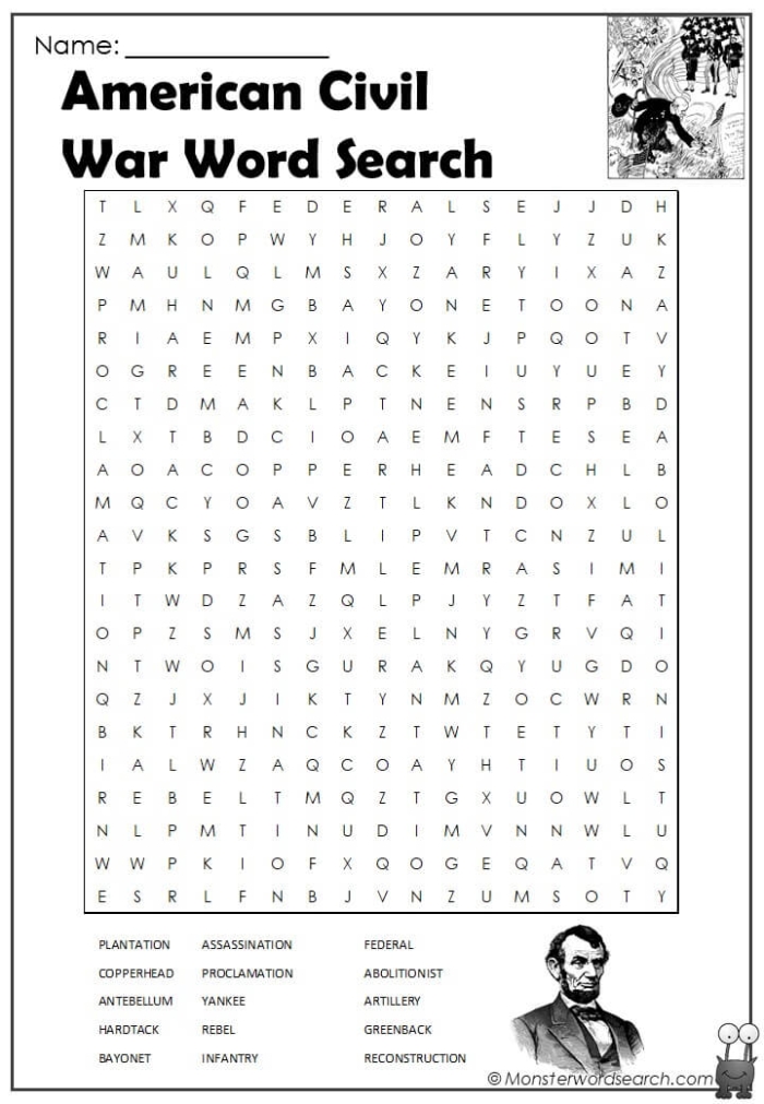 Fifth grade Civil War generals word search activity worksheet sixteen Civil War word search puzzle featuring names of famous generals for fifth graders