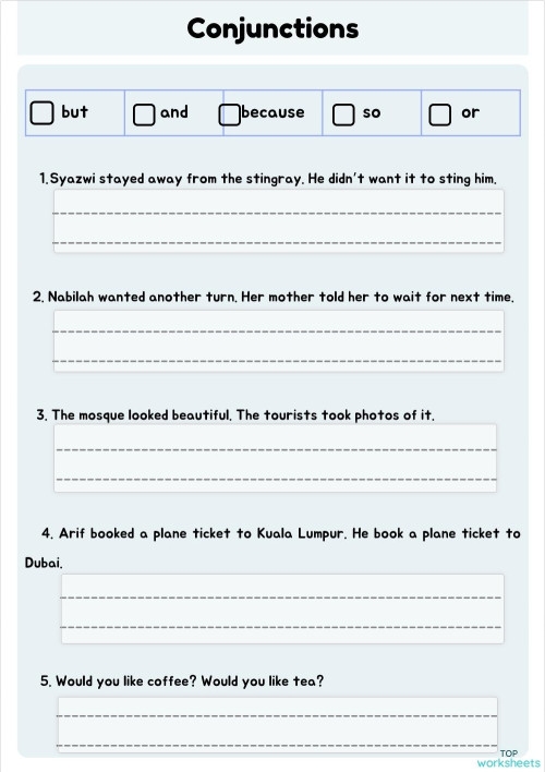 Practice using conjunctions with this engaging fifth grade worksheet part 6 Fifth grade student completing a What Are Conjunctions worksheet by filling in sentences
