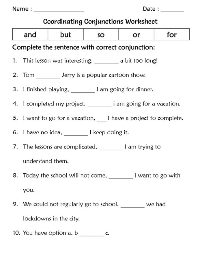 Worksheet titled What Are Conjunctions Exercise for Grade 5 learners, image 24 Fifth grade worksheet focused on identifying and using conjunctions in sentences