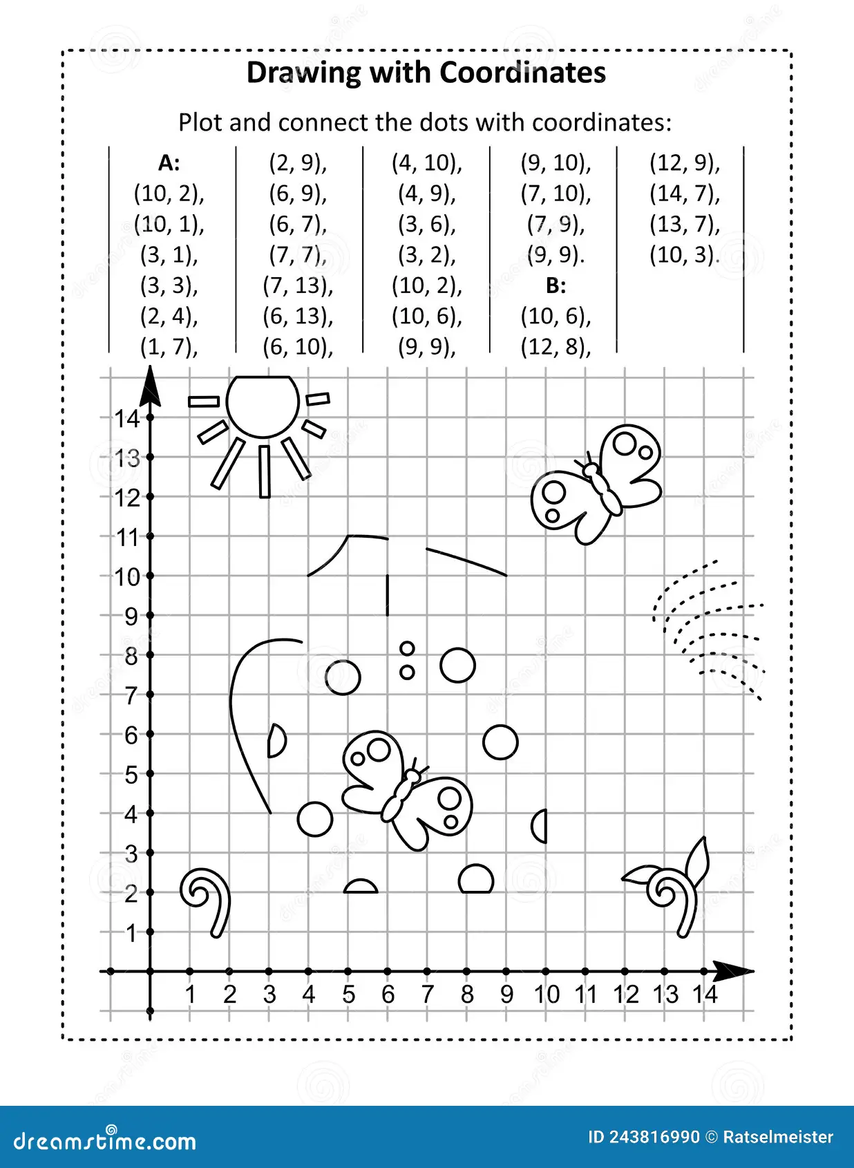 Fifth grade student working on the Mystery Picture Graph In the Sun worksheet, plotting points on a coordinate grid