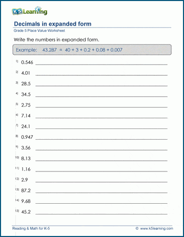 Decimals in Expanded Form worksheet for fifth-grade students focusing on addition and place value concepts