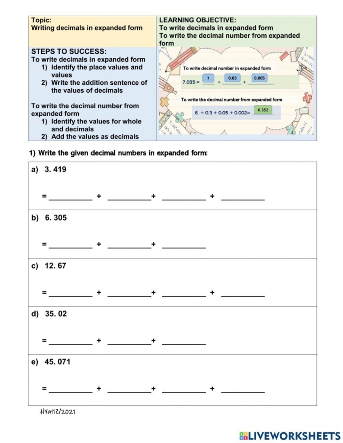 Worksheet featuring decimals in expanded form for fifth graders