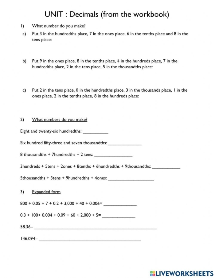 Decimals in Expanded Form worksheet designed for fifth-grade students to enhance their understanding of place value. Engaging addition worksheet focused on decimals for fifth-grade learners.