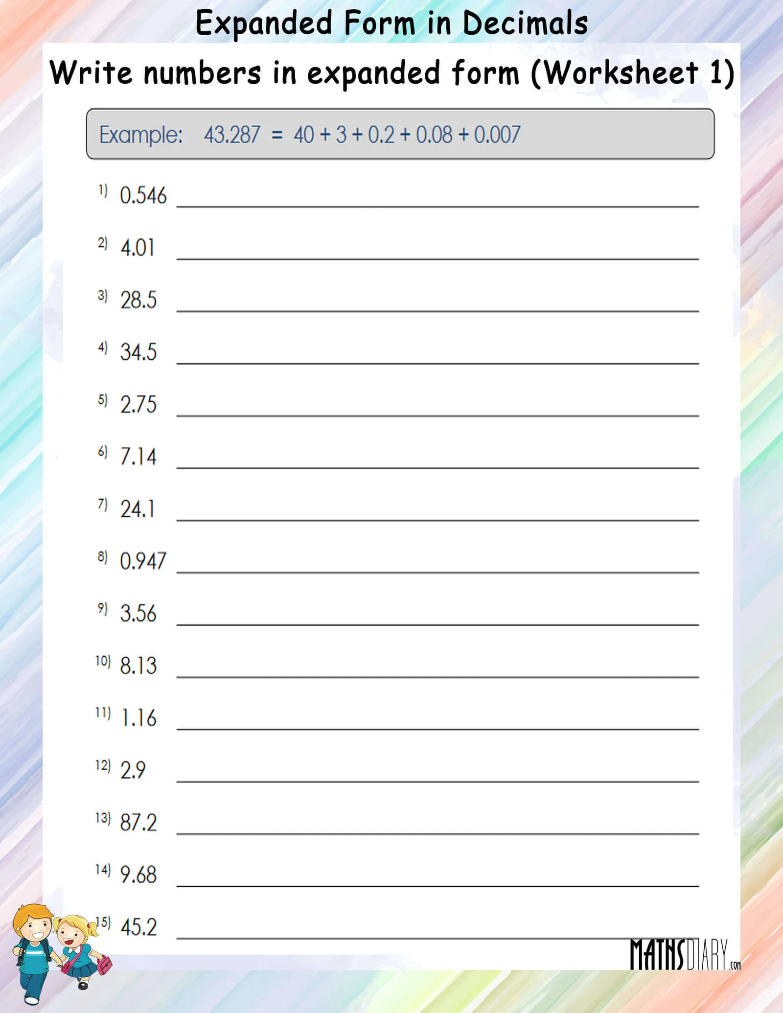 Worksheet featuring decimals in expanded form for fifth graders