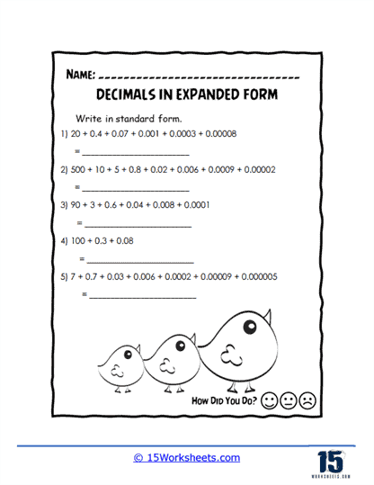 Worksheet illustrating decimals in expanded form for fifth-grade students