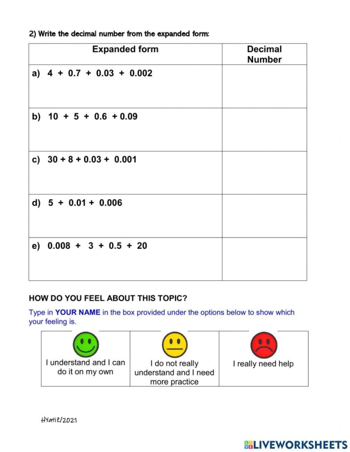 Worksheet illustrating decimals in expanded form for fifth graders
