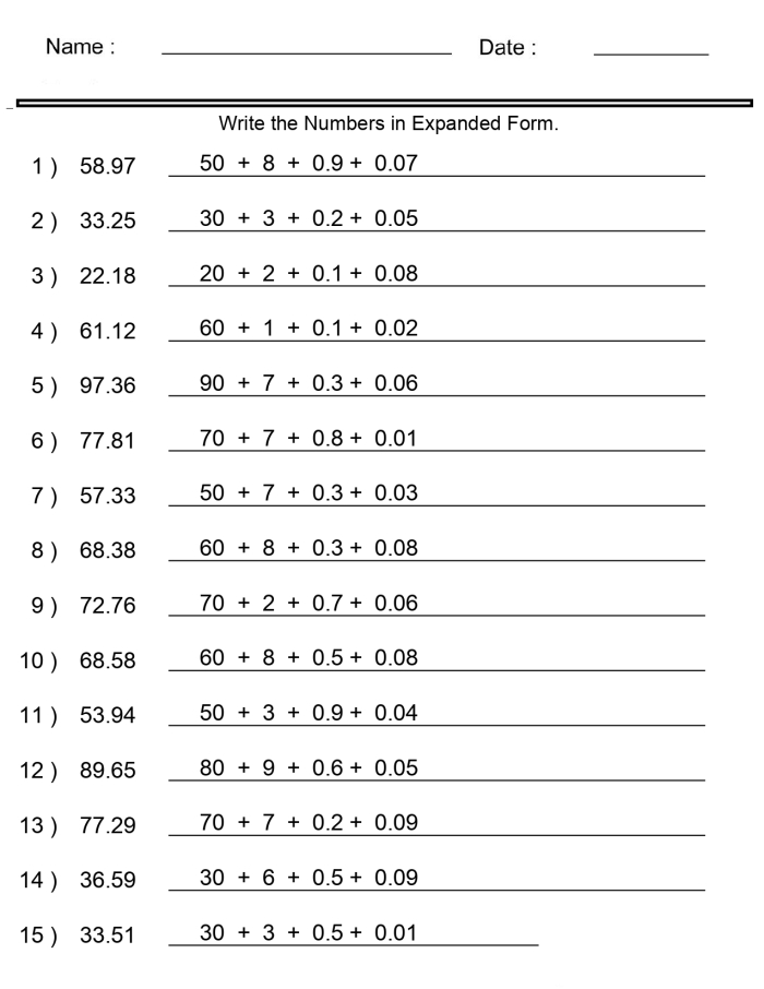 Worksheet featuring decimals in expanded form for fifth-grade students