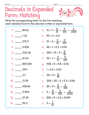Worksheet featuring decimals in expanded form for fifth-grade students