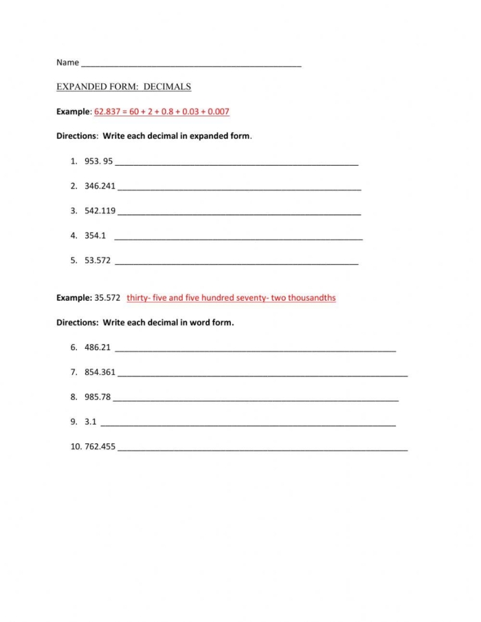 Decimals in Expanded Form worksheet for fifth graders focusing on addition skills