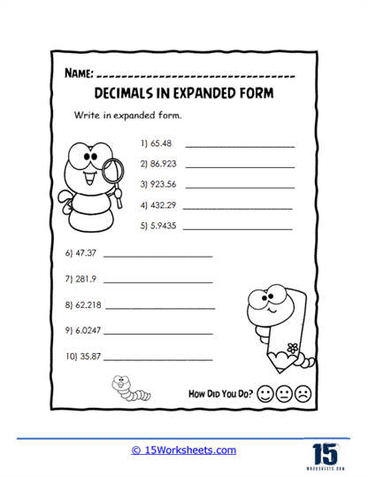 Worksheet featuring decimals in expanded form for fifth-grade students