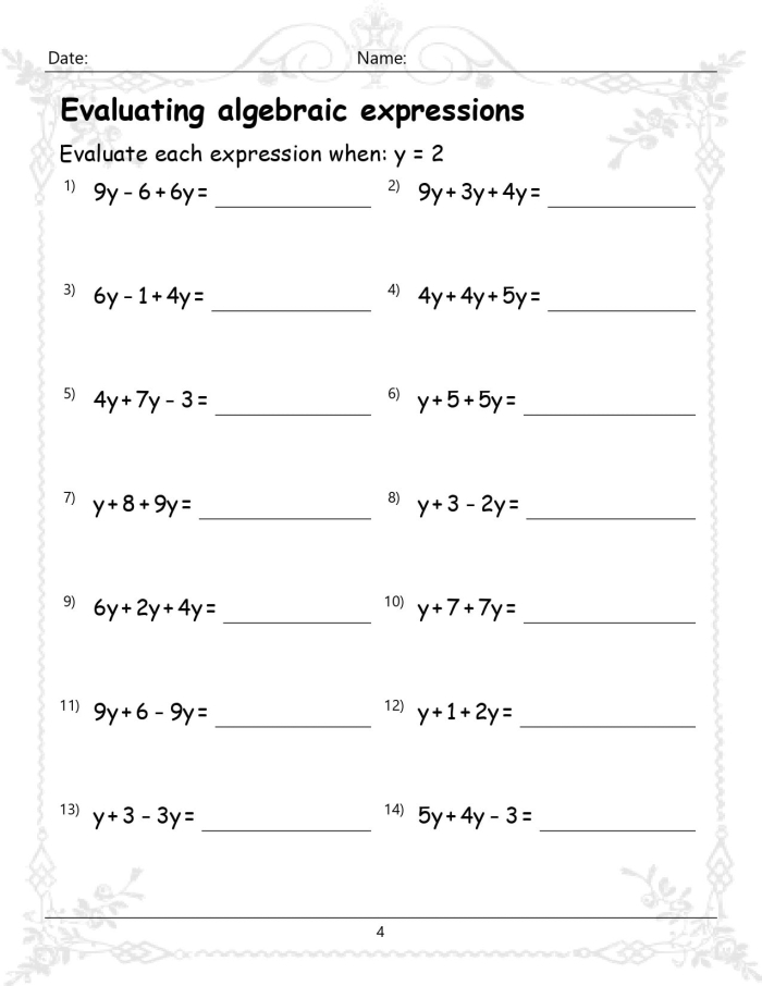 Fifth grade student working on an algebraic expressions worksheet focused on division