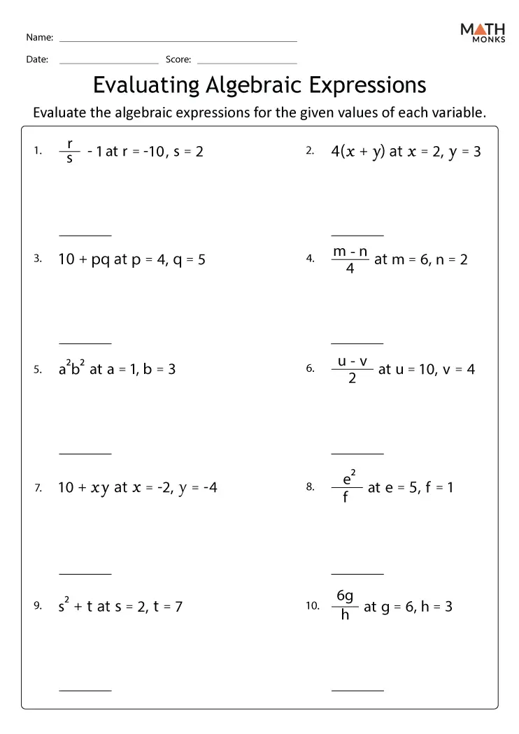 Fifth grade student working on an algebraic expressions worksheet focused on division problems