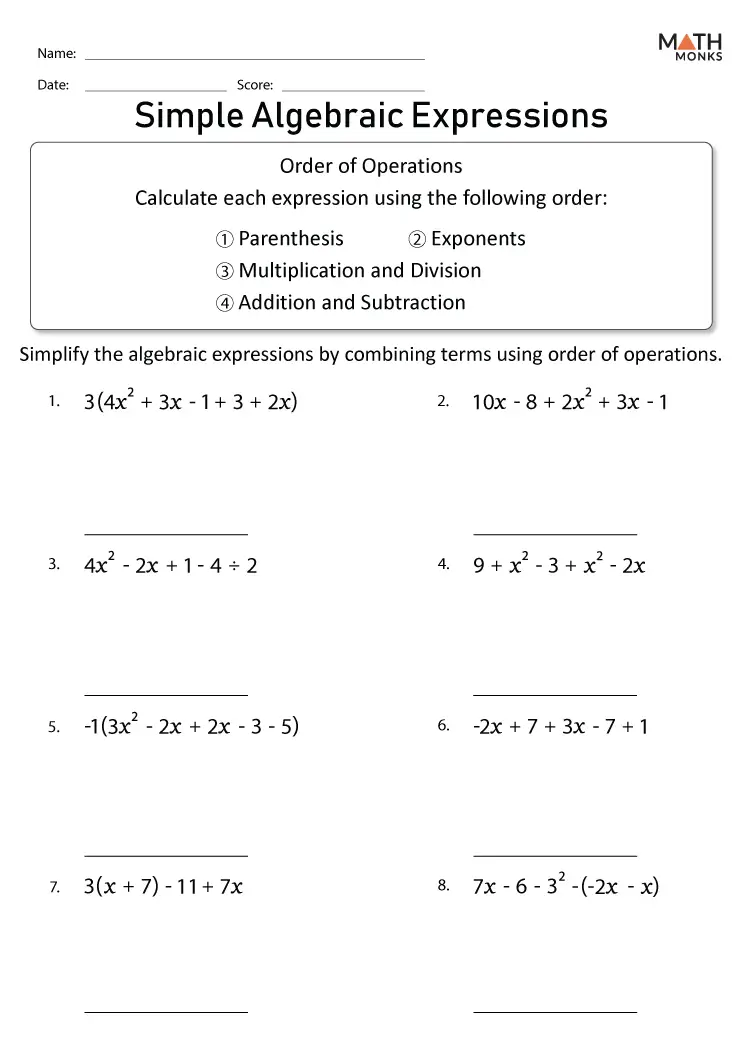 Fifth grade student working on an algebraic expressions worksheet focused on division skills